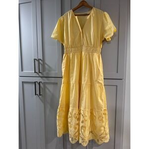 Haute Hippie XL Butter Yellow Tiered Eyelet Maxi Dress Summer V Neck Casual